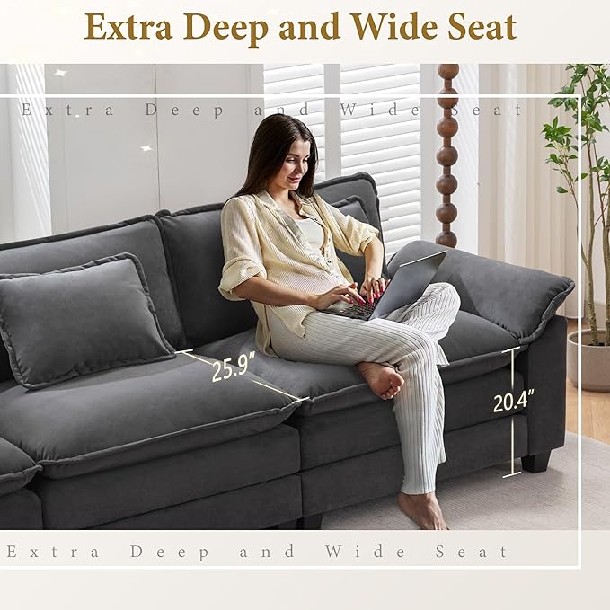 URRED Modular Sectional Sofa Comfy Cloud Couch, Modern Velvet Sofa Sleeper Deep Seat Couches with Ottoman/Pillows for Living Room (Dark Gray, 154'' - U Shape)