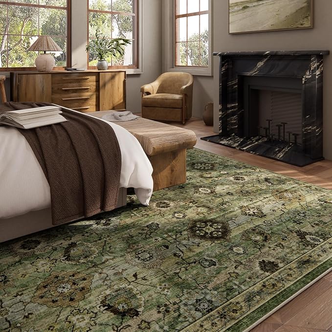 Washable Area Rugs for Living Room: 9x12 Rug Boho Vintage Rugs Stain Resistant Non Slip Low Pile Lightweight Soft Carpets for Bedroom Kitchen Dining Room Nursery Kids Room Farmhouse Home Office