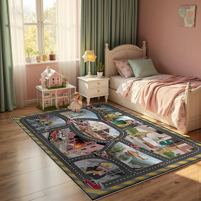 5x7ft Kids Fire Department Missions Play Rug,Non-Slip Faux Wool Carpet with Interactive Fire Department Missions Design for Playroom, Bedroom, Nursery Gift