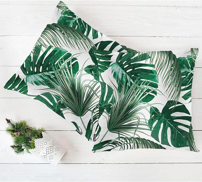 Swono Outdoor Pillow Covers Palm Leaves, Tropical Palm Leaf Home Decorative Throw Pillow Case Cushion Cover for Men/Woman/Bed/Sofa/Office/Car, 18x18 Inch, 2Pcs Pillow Covers, Green Palm