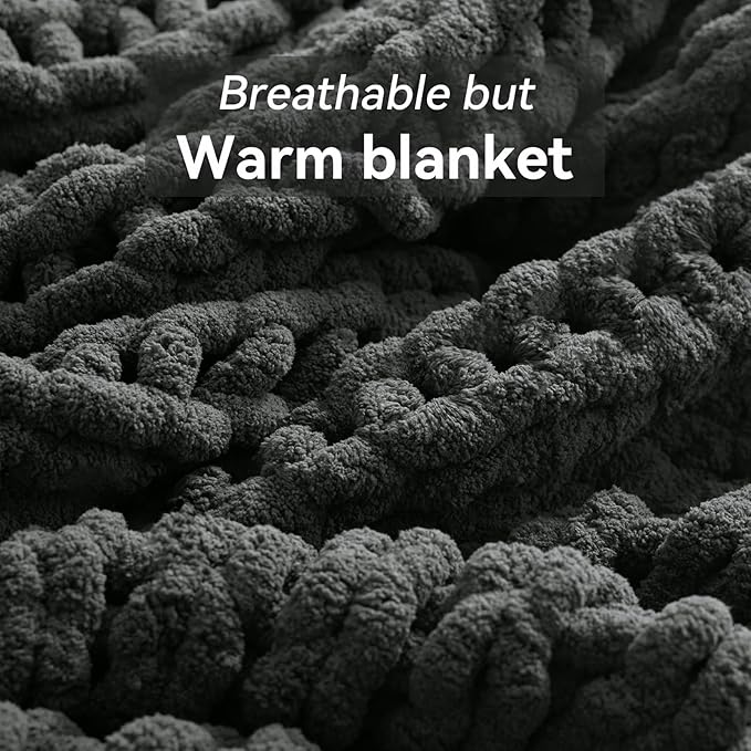 Chunky Knit Throw Blanket, 40''*50'' Knitted Throw Chenille Yarn for Bed Couch, Handmade Dark Grey Crochet Big Thick Blanket, Machine Washable Cute Comfy Blanket for Home Decor