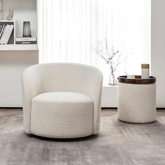 KINWELL 34" Boucle Swivel Barrel Chair with 18" Round Ottoman Set, Fully Assembled Set of Sherpa Accent Chair and Footrest, Modern Comfy Armchair and Footstool for Living Room and Bedroom, Cream