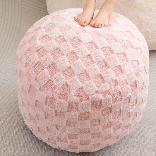 HIGOGOGO Round Stuffed Pouf Ottoman, Plaid Poufs with Foam Chunk Filling, Fluffy and Furry Pouf Foot Stool Storage Ottoman, 26 X 18 Floor Poufs Foot Rest for Living Room, Pink