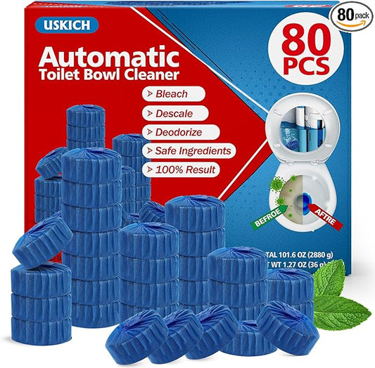 USKICH Toilet Bowl Cleaner Tablets 80 PACK, Bathroom Automatic Toilet Tank Blue Cleaners with Bleach, Slow-Releasing Household Toilet Cleaners for Deodorizing, Descaling, against Tough Stains