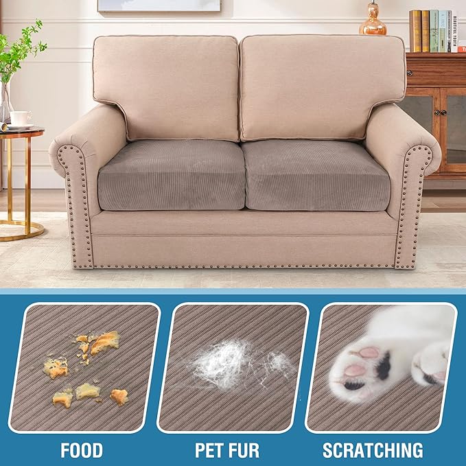H.VERSAILTEX Velvet Stretch Couch Cushion Cover Plush Cushion Slipcover for Chair Loveseat Sofa Cushion Furniture Protector Seat Cushion Sofa Cover (2 Piece Large Sofa Cushion Covers, Taupe Striped)