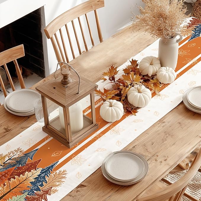 GEEORY Fall Watercolor Trees & Maple Leaves Striped Table Runner 13x120 Inch, Rustic Farmhouse Autumn Thanksgiving Decor for Kitchen, Dining, Indoor/Outdoor Holiday Dinner Party Orange GT157-120
