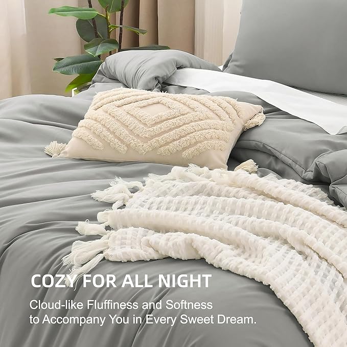 Litanika Comforters Medium Gray Queen Size, 3 Pieces Lightweight Solid Bedding Set & Collections, All Season Fluffy Bed Set (90x90In Comforter & 2 Pillowcases)