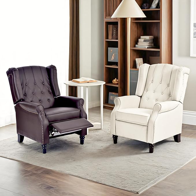 Softa Recliner Chair for Adults, Mid Century Wingback Pushback Accent Chair with Rivet Decoration, Tufted Upholstered Single Sofa Armchair for Living Room, Bedroom, Study (Fabric, Cream)