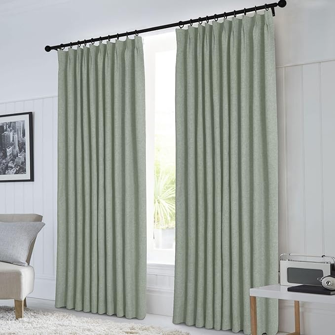 Macochico 100”Wx96”L Pinch Pleated 100% Blackout Linen Curtains Thermal Sliding Curtains for Bedroom Living Room Sliding Glass Door Farmhouse Shabby Chic Fog Green Drapery with Tieback 1 Panel