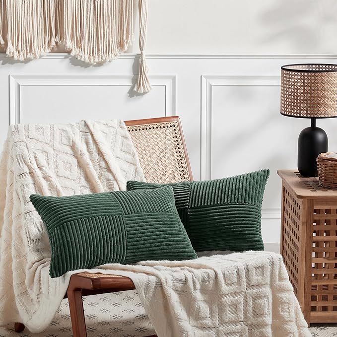 Fancy Homi Set of 2 Dark Green Long Lumbar Decorative Throw Pillow Covers 14x24 Inch for Living Room Couch Bed, Boho Farmhouse Forest Green Home Decor, Soft Corduroy Corss Textured Cushion Case