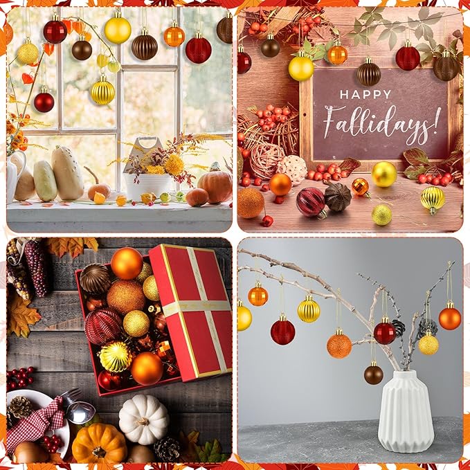 64 Pcs Fall Thanksgiving Ball Ornaments for Christmas Tree Glitter Gold Orange Brown Ornament Hanging Autumn Decoration Assorted Size Harvest Ornament for Home Indoor Decor, 1.6/1.97/2.4 Inch