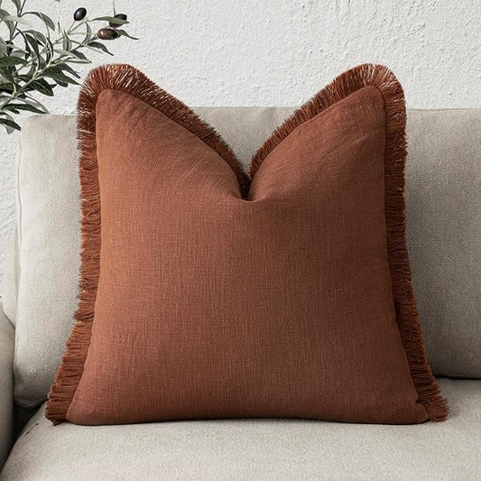 Foindtower Decorative Linen Fringe Throw Pillow Covers Boho Farmhouse Cushion Cover with Tassels Soft Accent Pillowcase for Chair Sofa Bed Living Room Home Decor, 22×22 Inch, 1PC,Fall Rust Orange