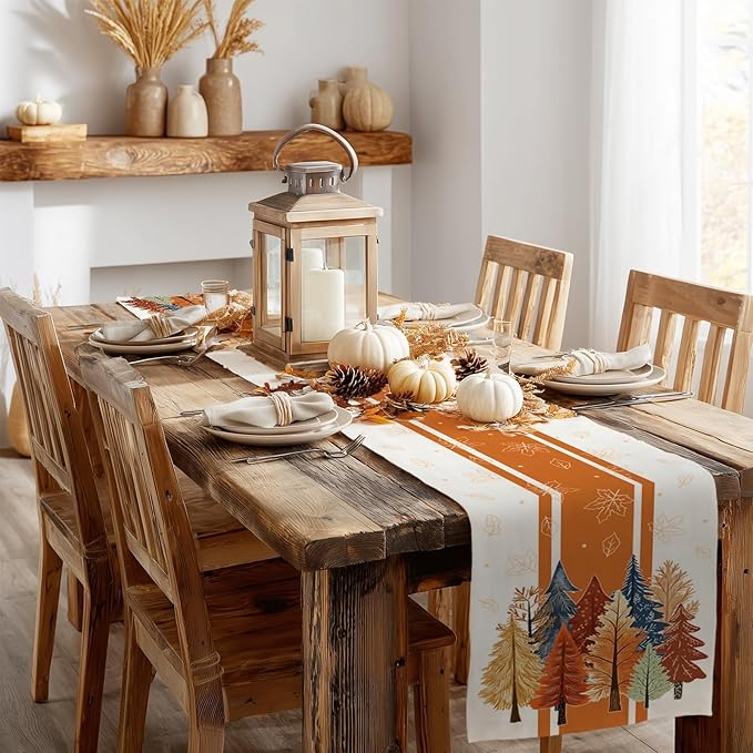 GEEORY Fall Watercolor Trees & Maple Leaves Striped Table Runner 13x108 Inch, Rustic Farmhouse Autumn Thanksgiving Decor for Kitchen, Dining, Indoor/Outdoor Holiday Dinner Party Orange GT157-108