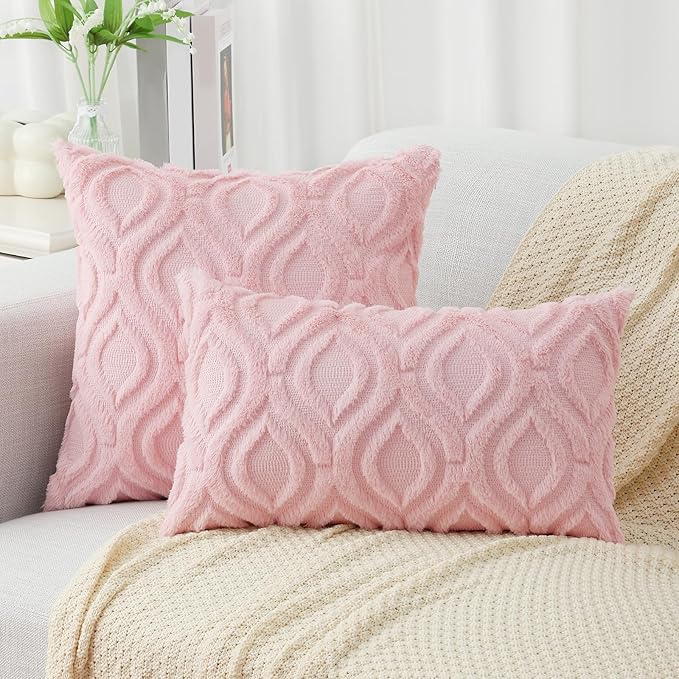 decorUhome Throw Pillow Covers 24x24 Inch Set of 2, Soft Plush Decorative Faux Fur Light Pink Solid Couch Pillow Covers, Accent Farmhouse Neutral Square Euro Pillow Cases for Sofa Bed Living Room