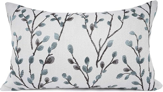 YOUR SMILE Classical Embroidery Jacquard Farmhouse Oblong Rectangle Chenille Teal Leaf Decorative Throw Pillow Case,12x20 inch