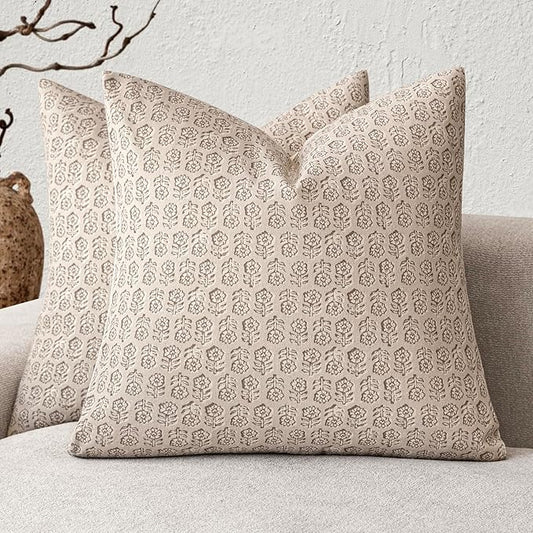 Foindtower Set of 2 Decorative Neutral Floral Print Throw Pillow Covers Vintage Accent Farmhouse Cushion Covers Boho Home Decor for Sofa Chair Couch Bedroom Living Room,18×18 Inch,Ivory Beige