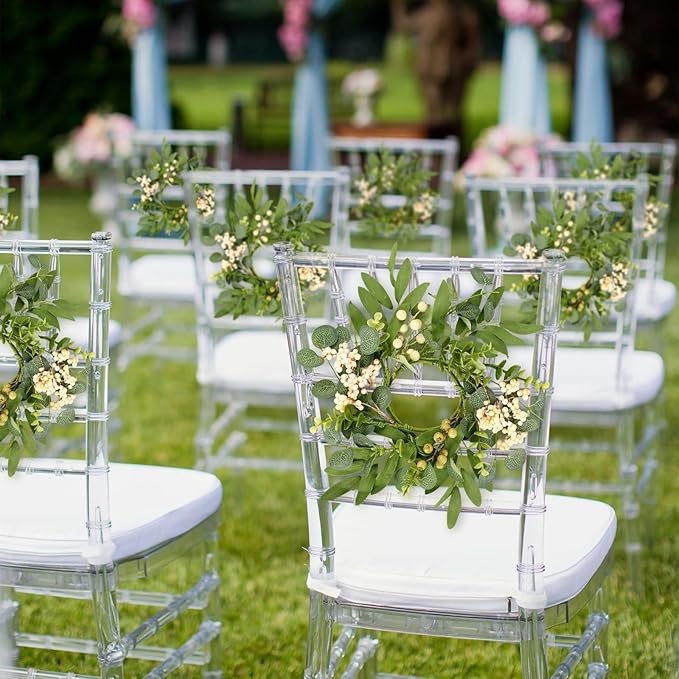 6 Pcs Green Eucalyptus Swag Wreaths for Pillars Spring Summer Kitchen Cabinet Wreaths Mini Green Berry Leaves Wreath with Ribbon for Front Door Porch Wall Window Farmhouse Decoration