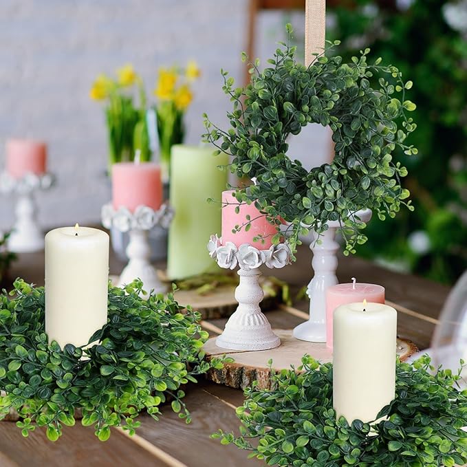 6 Pcs Mini Green Boxwood Candle Rings Wreaths Green Kitchen Cabinet Wreath 3 Inch Wedding Candle Holder for Front Door Porch Outside All Season Wedding Home Tabletop Decoration