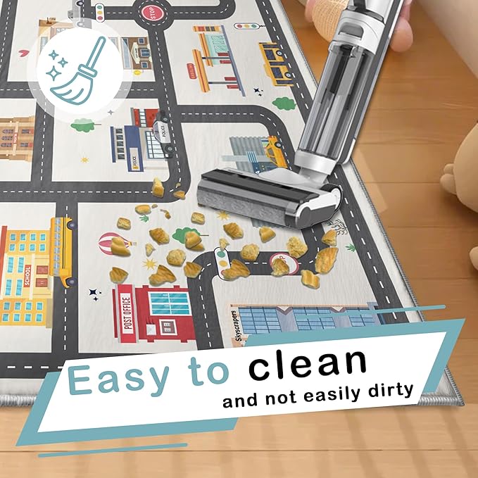 5x7ft Kids City Road Car Play Rug - Non-Slip Faux Wool Carpet with Interactive City Map Design, Educational Toy Vehicle Mat for Kids, Bedroom Playroom Nursery Gift.