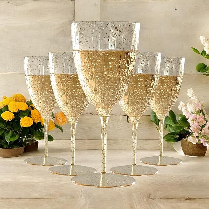 Oojami Elegant Plastic Champagne Flutes - 32 PCS, 7.8oz Disposable & Reusable Wine Glasses - Perfect for Home, Parties, Weddings, Birthdays & Celebrations (32, Gold Glitter)