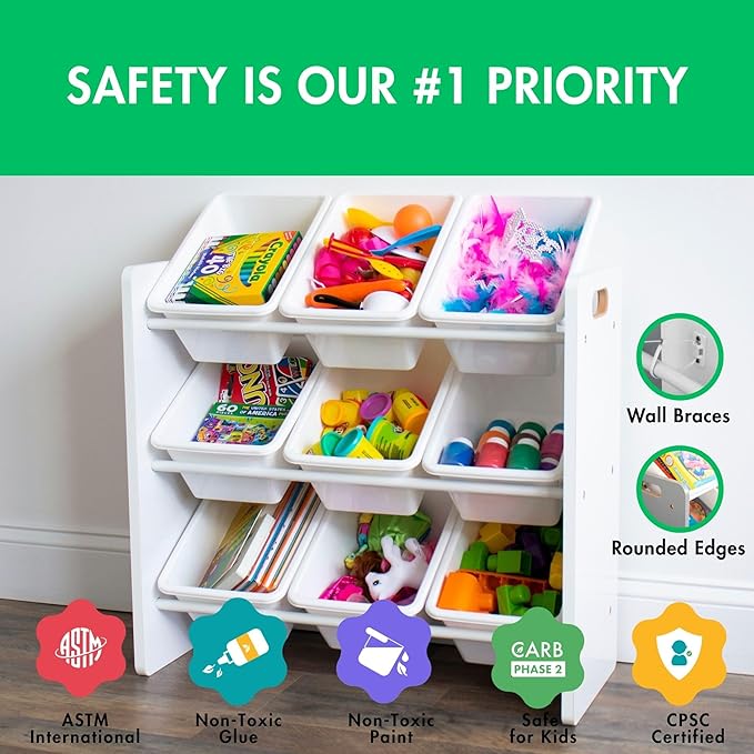 Humble Crew 9-Bin Toy Organizer – Cambridge White Plastic Bins, 3-Tier Storage Solution for Kids' Playrooms and Nurseries