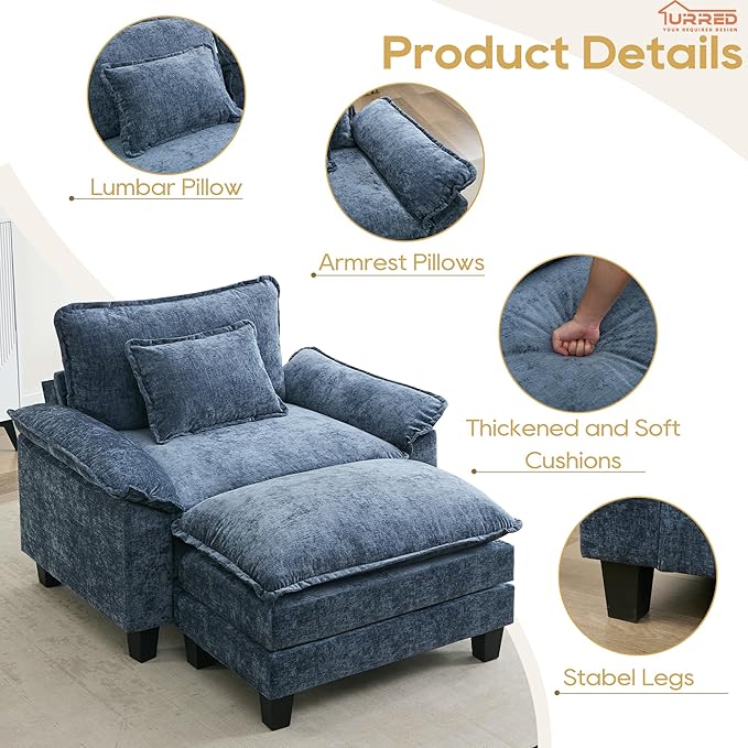 URRED Modular Sectional Sofa Comfy Cloud Couch, Modern Chenille Sofa Sleeper Deep Seat Couches with Ottoman/Pillows for Living Room (Blue, 53''- Ottoman)