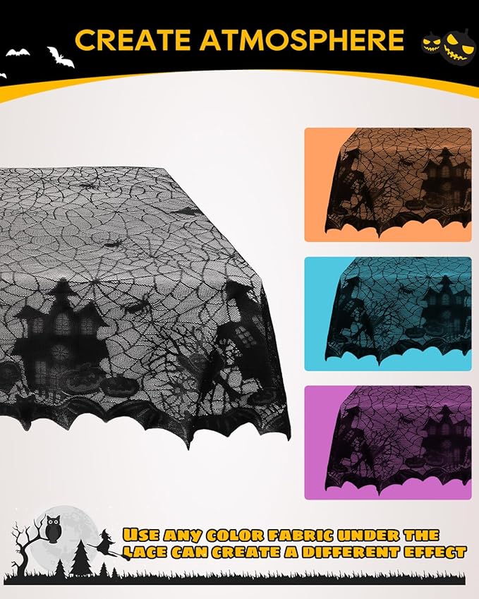 eZAKKA Halloween Table Cloth with 16 Pcs Bats Wall Decor, Spider Web Table Cloth Black Tablecloth Lace Fabric Table Cloths for Rectangle for Parties Gothic Spooky Home Decorations, 53x68 Inch
