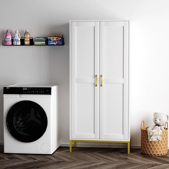 Tall Storage Cabinet, Kitchen Pantry Cabinet with 2 Doors & Adjustable Shelves for Laundry Room, Living Room, Entryway,Bathroom,White