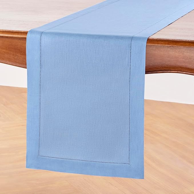 Solino Home Linen Cornflower Blue Table Runner 72 Inches Long - 100% Pure Linen Hemstitch Table Runner 14 x 72 Inch for Dresser, Dining - Classic Hemstitch