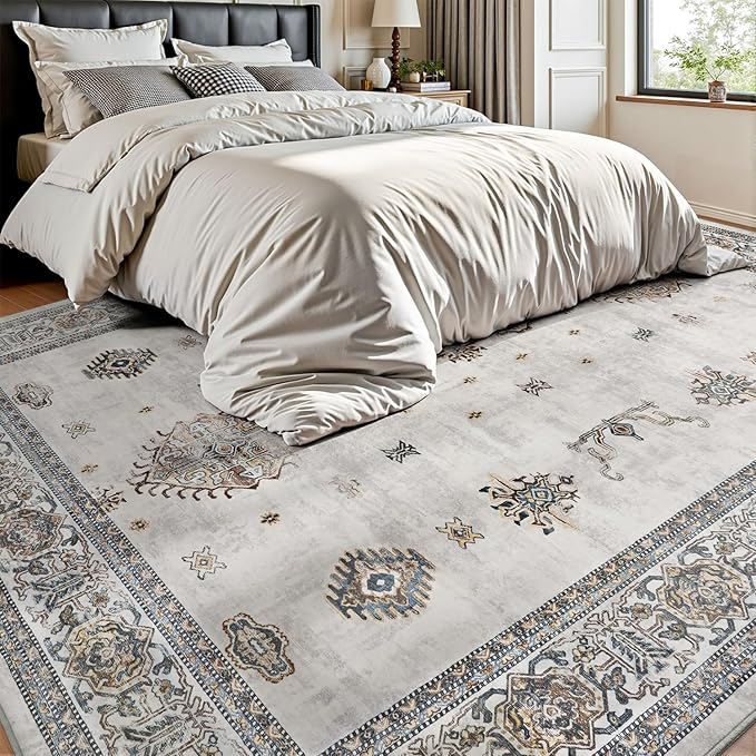 AMOAMI-Vintage Area Rug 8X10 Grey Rugs for Living Room-Soft Living Room Rug Non Slip Rugs for Bedroom Carpet Machine Washable Rug for Dining Room Bedside Office Room Decor