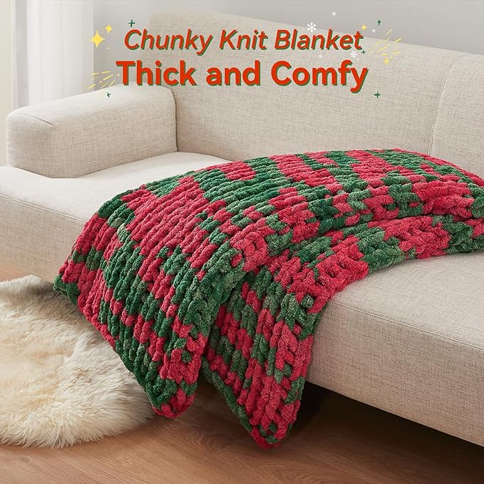 Chunky Knit Throw Blanket, 40''*50'' Knitted Throw Chenille Yarn for Bed Couch, Handmade Stripe Crochet Big Thick Blanket, Machine Washable Cute Comfy Blanket for Home Decor