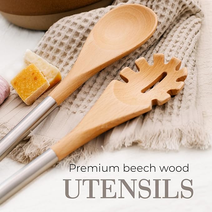 STYLED SETTINGS Wood Cooking Utensils Set with Stainless Steel Handles – 6-PC Durable Wooden Spoons for Cooking, Serving, & Mixing – Kitchen Utensils Set for Nonstick Cookware, Great for Gifting