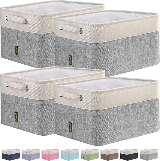 BALEINE 4 Pack Fabric Storage Bins for Shelves, Linen Storage Baskets for Organizing, Decorative Closet Bins for Clothes, Home (Grey, 12"x8"x8")