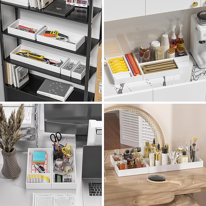 Bamboo Drawer Organizer, Cutlery Silverware Organizer for Kitchen Drawer, Stackable Utensil Organizer, 2 Pcs Flatware Organizer, Wooden Storage Box Tray (White, 9 X 6 X 2 Inch)