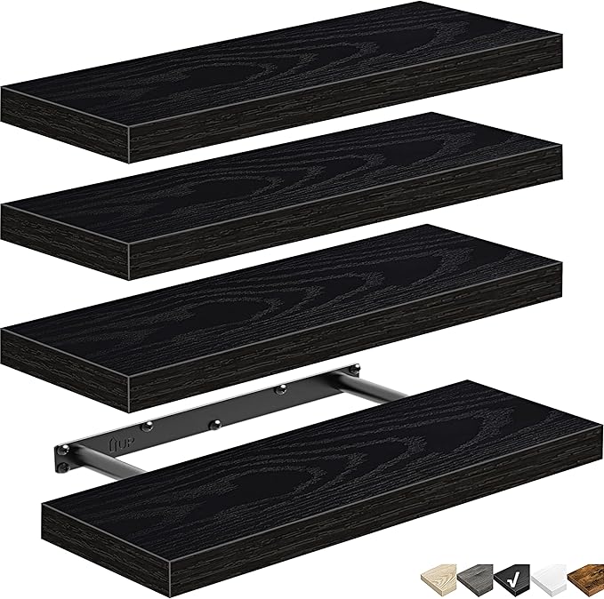 QEEIG Floating Shelves for Wall Bathroom Shelf Bedroom Kitchen Living Room Farmhouse Small Book Shelf 16 inch Set of 4, Black (015-B4)