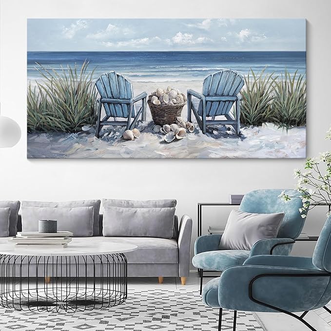 HGUAOA Coastal Wall Art - Large Landscape Wall Pictures for Living Room, Bedroom Pictures, Ocean Beach Artwork, Blue Wall Art, Above Bed Decor, Coastal Landscape Wall Decor, Beach Pinting