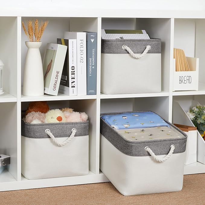 Bidtakay White Baskets with Cotton Rope Handles Decorative Storage Bins [3-pack] Fabric Bins for Organization Linen Closet Shelf Storage Baskets for Clothes Toys Towels 15 X 11 X 9.5 Inches
