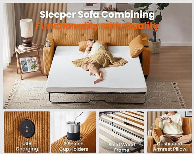 Pull Out Sofa Bed, Full Size Sleeper Sofa, 2-in-1 Convertible Corduroy Couch with USB Charging, Memory Form Couch for Living Room, Apartment and Small Space (Mustard Yellow, Corduroy - Queen Size)