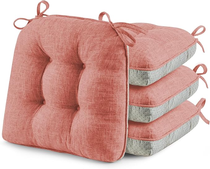 puredown® Chair Cushions for Dining Chairs, Tufted Memory Foam Chair Pads with Non-Slip Backing, Kitchen Seat Cushions with Ties, Washable Seat Pads Set of 4, 15.5" x 15.5" x 4", Pinky