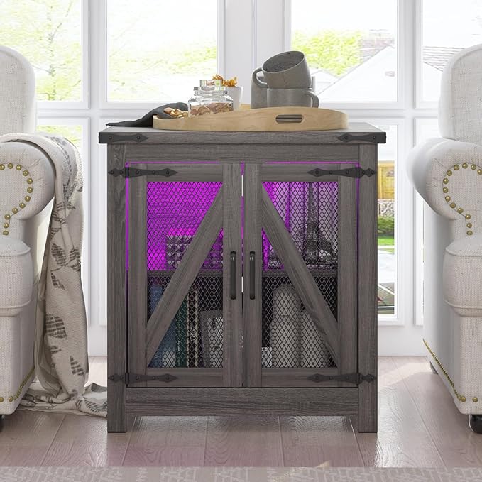 Farmhouse End Table, 24" Large Sofa Side Table with Charging Station, Mesh Barn Door, and Adjustable Storage Shelf, Rustic Wood Square Nightstand for Living Room, Bedroom, Office, Grey