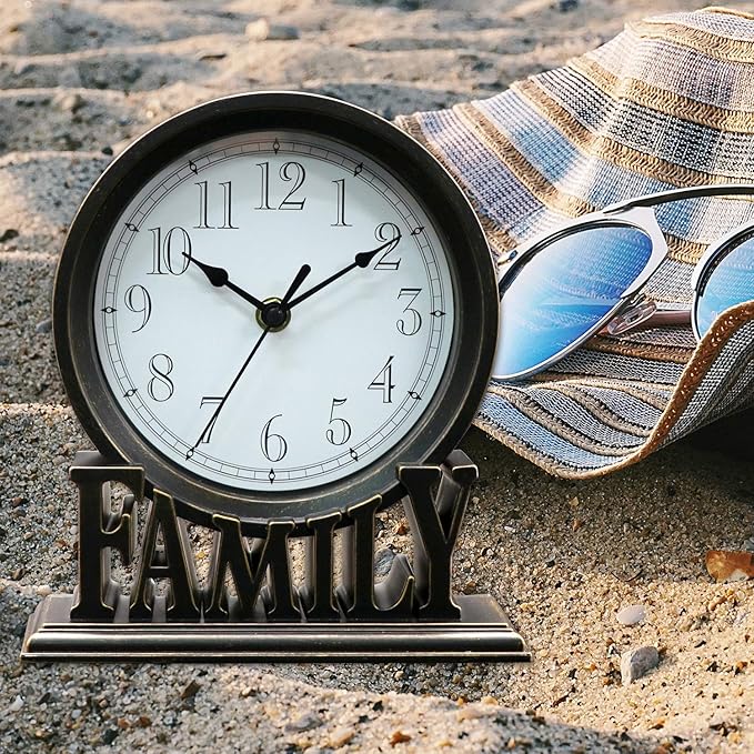 6.5 Inches Table Clock, Vintage Non-Ticking Family Mantel Desk Clock Battery Operated with Quartz Movement HD Glass for Kids Bedroom Living Room Office (Antique Black)