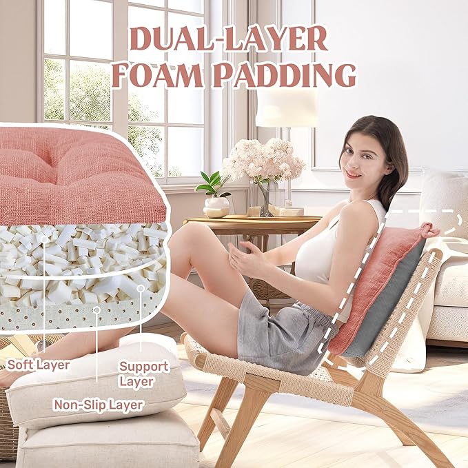 puredown® Chair Cushions for Dining Chairs, Tufted Memory Foam Chair Pads with Non-Slip Backing, Kitchen Seat Cushions with Ties, Washable Seat Pads Set of 4, 15.5" x 15.5" x 4", Pinky