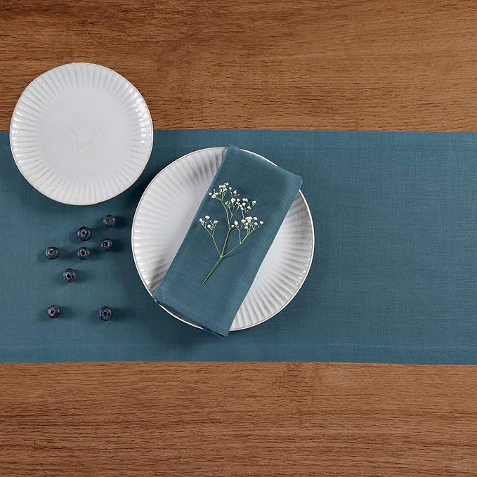 Solino Home Linen Table Runner 120 Inches Long - 100% Pure Linen Peacock Blue Table Runner 14 x 120 Inch - Fete