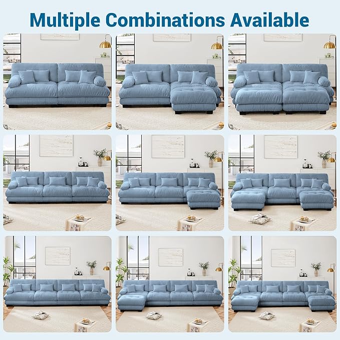 Modular Sectional Sofa, Comfy Cloud Couch Oversized Loveseat with Ottoman, Sectional Couches for Living Room, Modern Chenille U Shaped Couch, Sleeper Deep Seat Sofa with Throw Pillows, Blue
