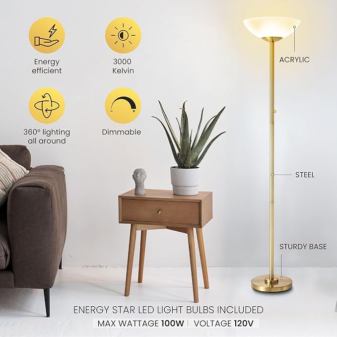 Super Bright Floor Lamp 8000LUMEN - DIMMABLE 30K Energy-Efficient Standing Lamp with Cement Base, for Living Room and Bedroom - Matte Finish, Modern and Elegant Design (White)