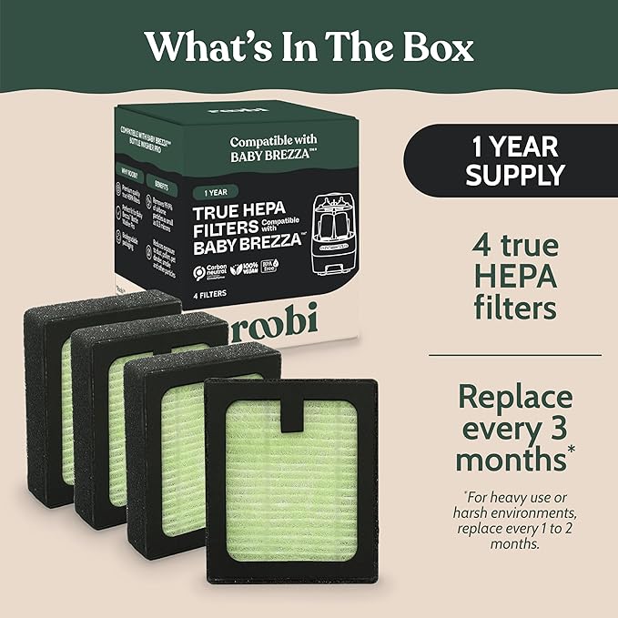 Roobi Hepa Filters Compatible with Baby Brezza. Specially Formulated for Washer Pro. 4 Carbon Neutral Replacement Pack.