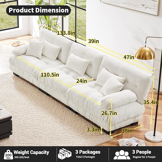 Modular Sectional Sofa Cloud Couch 3-Seater Deep Seat Sofa Couch, Oversized Couch Bed Sectional Couch with Round Bolster Armrests 5 Pillows, Modern Sofa Chair Comfy Couch(White)