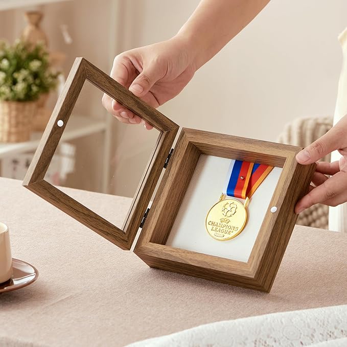 5x5 Deep Shadow Box Picture Frame Display Case with Linen Back ,Real Glass Small Mini Brown Shadow Memory Box Frame 5x5 for Insect Display Pet Photo Memorial Flower Art Craft Wall Decor Gift