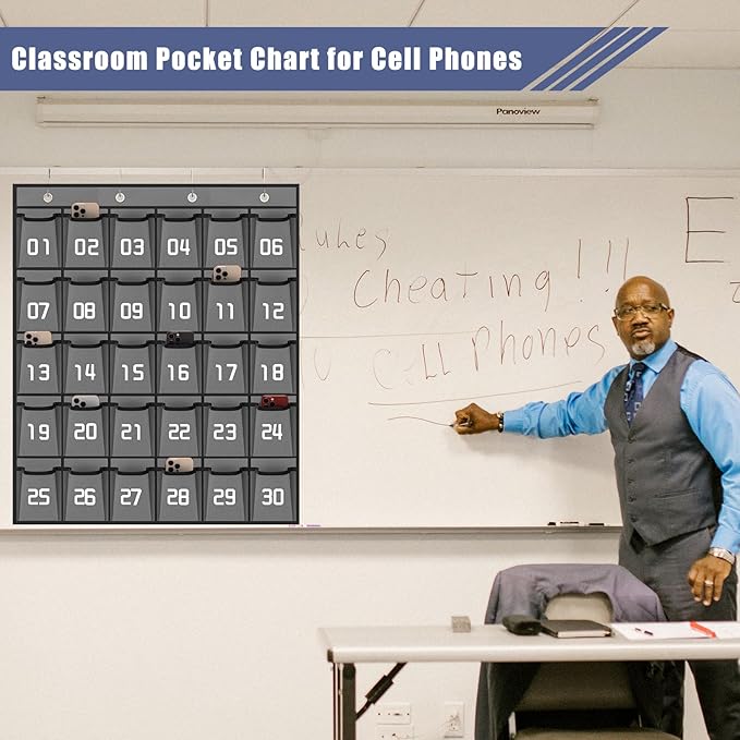 Loghot Classroom Accessories Closet Pocket Chart for Cell Phones Holder Wall Door Hanging Organizer (30 Pockets Gray)