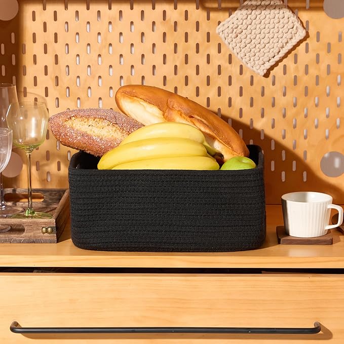 Small Storage Baskets for Organizing | Closet Organizer Bins | Shelf Toy Basket | Woven Rope Baskets | Cube Decorative Box | Shallow Basket | 13x8.5x5.1” | 4 Packs Black